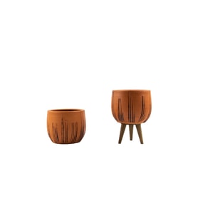 Bitki Tasarımı Ev Dekorasyon Siyah Çizgi Desenli Terakota Toprak Saksı Saksılık Salon Çiçeklik İkili Set Ayaksız, 3 Ayaklı 12 Cm