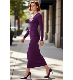 Kadın Bodycon Siluet Uzun Kol V Yaka Büzgülü Detaylı Maxi Elbise Özel Günler Kokteyl Kaliteli