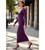 Kadın Bodycon Siluet Uzun Kol V Yaka Büzgülü Detaylı Maxi Elbise Özel Günler Kokteyl Kaliteli