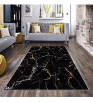 Siyah Mermer Desenli Gold Detay Yıkanabilir Kaymaz Taban Leke Tutmaz Modern Salon Halısı ve Yolluk