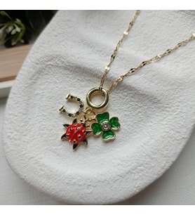 Lente Aksesuar Yonca, Uğurböceği, Nal Figürlü Çelik 14K Altın Rengi Charm Şans Kadın Kolye (Gold)