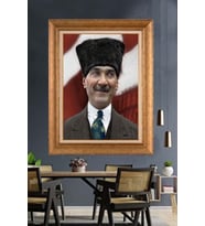 Altın Varaklı Çerçeveli Paspartulu Atatürk Tablo nh293 (Gold)