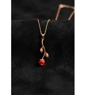925 Ayar Mineli Rose Kırmızı Gül Gümüş Kolye