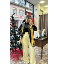 Örme Kumaş Beli Kuşaklı Bol Pantolon - Vanilya
