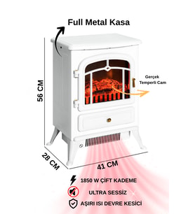 Elektrikli Şömine Beyaz 1850 W Metal Kasa, Fanlı şömine, Şömine Soba