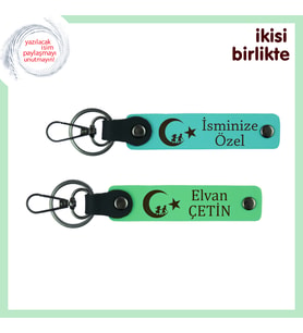 Milli Ruhla Hazırlanmış Çocuk Ve Ayyıldız Temalı, Sevgili İsmine Anahtarlık Seti, Turkuaz-Yeşil
