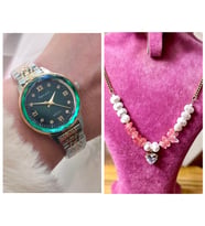 Ferrucci Kristal Efektli Taşlı Kadran Kadın Kol Saat+Çelik Kolye Hediye (Yeşil-Altın)