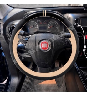 Fiat Strada Dikme Direksiyon Kılıfı Parlak Siyah Bej Detaylı Bej Çift Yüzük ve Dikiş 2012-2016
