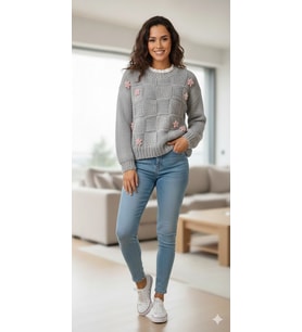 ChicLookDesign Çiçek Detaylı El Örgüsü Gri Kadın Kazak