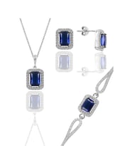 Söğütlü Silver Gümüş rodyumlu safir taşlı baget kesim üçlü set