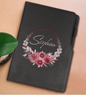 BK Gift Kişiye Özel Çiçek Tasarımlı Siyah Termo Deri Not Defteri 15x21cm-1