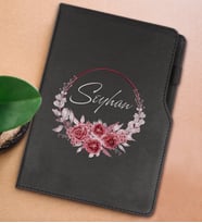 BK Gift Kişiye Özel Çiçek Tasarımlı Siyah Termo Deri Not Defteri 15x21cm-1