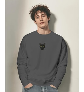 Erkek Siyah Kedi Desenli Sweatshirt – Minimal Göğüs Baskılı, Unisex Rahat Kalıp (Füme)