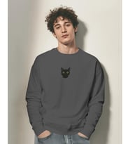 Erkek Siyah Kedi Desenli Sweatshirt – Minimal Göğüs Baskılı, Unisex Rahat Kalıp (Füme)