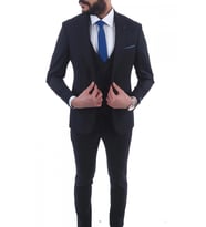 Jan Carlucci Slim Fit Sivri Yaka-Çift Yırtmaç  Düz Lacivert  Drop 6 Yelekli Takım Elbise (Koyu Lacivert)