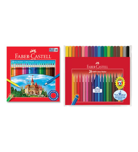 Faber Castell Okul Boyama Seti 24 Renk Kuru Boya ve 20 Renk Grip Keçeli Kalem