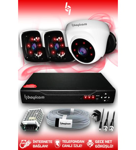 BAYICAM 3 Kameralı Panda 1 İç Kamera Set HDD'siz Full HD Gece Görüşlü Güvenlik Kamerası Sistemi
