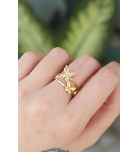Pirinç Gold Renk Ayarlanabilir Zirkon Taşlı Yüzük - TJ-BYK3190