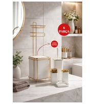 HGY Home Gold Detaylı Kare Yedekli WC Kağıtlık ve 6 Parça Banyo Seti - Kırık Beyaz