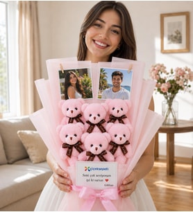 Premium Kişiye Özel Fotoğraf Hediyeli 6 Adetli Ayıcık Buketi (Pembe)