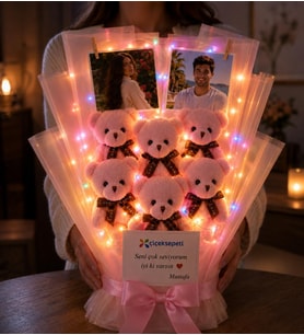 Premium Kişiye Özel Fotoğraf Led Işıklı Hediyeli 6 Adetli Ayıcık Buketi (Pembe) Sevgiliye Hediye - Anneye Hediye - Arkadaşa Hediye - Ablaya Hediye