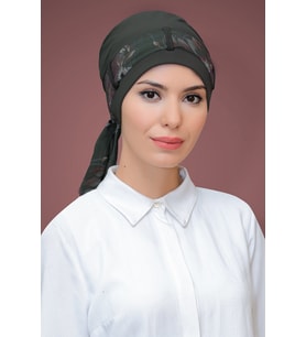 Haki Pratik Hazır Geçmeli Tesettür Bone Sandy Kumaş Desenli Şifon Kemerli 1205D_09