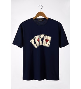 Erkek Lacivert İskambil Kağıdı Baskılı Bisiklet Yaka Oversize T-Shirt 22Y-3400762-2