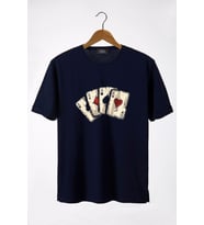 Erkek Lacivert İskambil Kağıdı Baskılı Bisiklet Yaka Oversize T-Shirt 22Y-3400762-2
