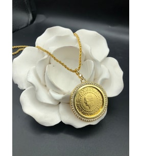 22 ayar altın kaplama kadın gold zirkon taşlı halat zincirli çeyrekli kolye modeli