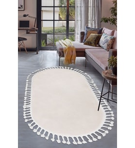 Dijidekor Peluş Halı Krem Cool Saçaklı Oval Post Kesme Yolluk Kilim Salon Halısı Modelleri