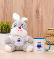 Kişiye Özel İkizler Burcuna Hediye Peluş Tavşan ve Mavi Kupa