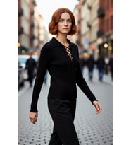 Kadın Siyah Fitted Kalıp Polo Yaka Bağlamalı Fitilli Triko Kazak Modern Şıklığı Tarzınıza Katın