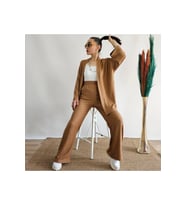 Latte Renk Cep Detaylı Bol Paça Kimono Takım