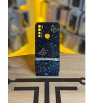 Redmi Note 8 Uyumlu Kelebek Figürlü Simli Parlak Telefon Kılıfı (Siyah)