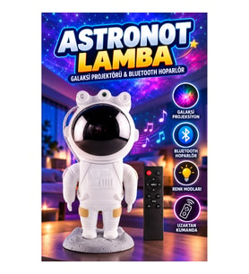 Astronot Tasarımlı Bluetooth Hoparlörlü Galaksi Işık Projektörü Gece Lambası