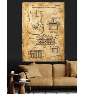 Teknik Çizim Üzerinde Elektro Gitar Dekoratif Kanvas - Mdf Ahşap Tablo