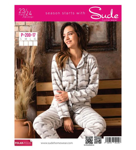 Sude Kadın Gömlek Önden Düğmeli Polar Desenli Pijama Takımı P200/17 - 1 Adet (Beyaz)