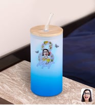 BK Gift Kadınlar Gününe Özel Karikatürlü Mavi Renk Pipetli Buzlu Cam Bardak 600ml - 3, 8 Mart Kadınlar Günü