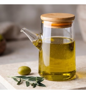 330 ML (0,33 Litre) Bambu Kapaklı Borosilikat Cam Yağlık ve Sirkelik - Damlatmaz Uçlu, Isıya Dayanıklı Şeffaf Sıvı Yağ Şişesi ve Mutfak Sosluğu