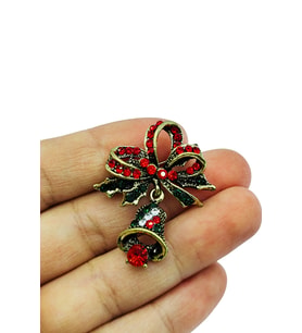 Kristal Taşlı Noel Çanı ve Fiyonk Broş – Vintage Yılbaşı Temalı Şık Aksesuar