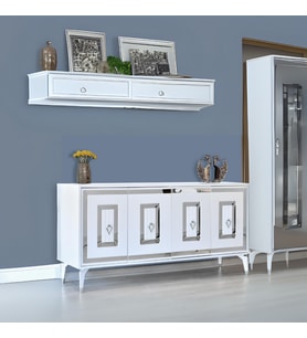 Ala Beyaz Gümüş Şerit Detaylı Konsol 4 Kapaklı Mebran 164x44x80 Cm