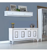 Ala Beyaz Gümüş Şerit Detaylı Konsol 4 Kapaklı Mebran 164x44x80 Cm