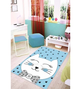 Mavi Kaymaz Tabanlı Yıkanabilir Kedili Bebek Halısı KD08