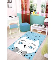 Mavi Kaymaz Tabanlı Yıkanabilir Kedili Bebek Halısı KD08