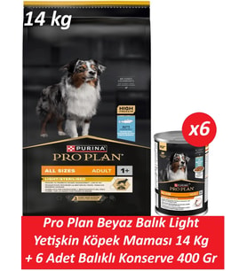 Pro Plan Beyaz Balık Light Yetişkin Köpek Maması 14 Kg + 6 Adet Balıklı Konserve 400 Gr