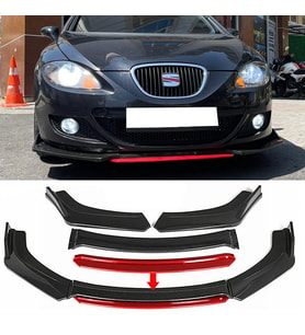 Seat Leon Mk2 Kırmızı Renkli Şeritli Dilli Ön Lip 4 Prç Parlak Siyah ABS
