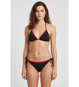 Kırmızı Dantel Detaylı Siyah Bikini Takımı – Ayarlanabilir İpli, İçten Şardonlu, Kadın Mayo
