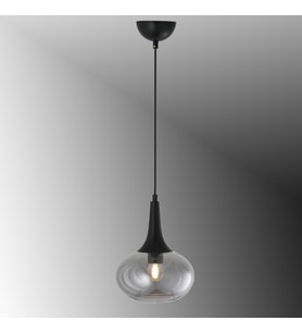 TT602-1-SY-FÜME TT Aydınlatma Mat Siyah - Füme Tekli Uzun Hunili Tombul Camlı Avize