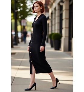 Kadın Şık Midi Bodycon Fitilli Triko Elbise Uzun Kollu V Yaka Asimetrik Düğmeli Modern Tasarım