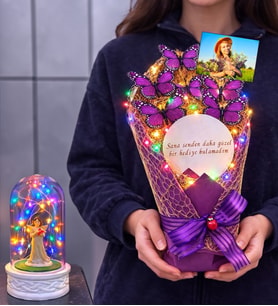 Size Özel Fotoğraflı Renkli Led Işıklı Aynalı Kelebek Buketi & Renkli Led Işıklı Fanuslu (Model 2)
